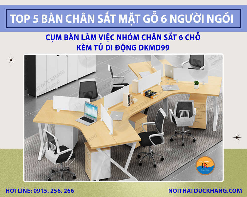 Cụm bàn làm việc nhóm chân sắt 6 chỗ kèm tủ di động DKMD99 Cụm bàn làm việc nhóm chân sắt 6 chỗ kèm tủ di động DKMD99
