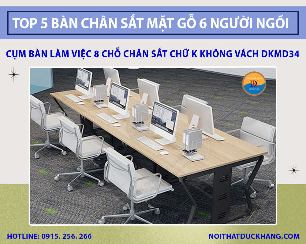 Cụm bàn làm việc 8 chỗ chân sắt chữ K không vách DKMD34 Cụm bàn làm việc 8 chỗ chân sắt chữ K không vách DKMD34