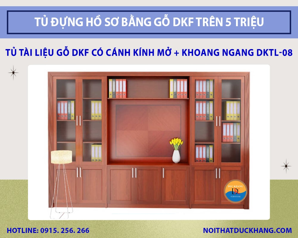 Tủ tài liệu gỗ DKF có cánh kính mở + khoang ngang DKTL-08 Tủ tài liệu gỗ DKF có cánh kính mở + khoang ngang DKTL-08