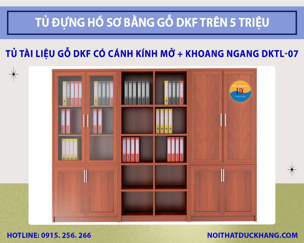 Tủ tài liệu gỗ DKF có cánh kính mở + khoang ngang DKTL-07 Tủ tài liệu gỗ DKF có cánh kính mở + khoang ngang DKTL-07