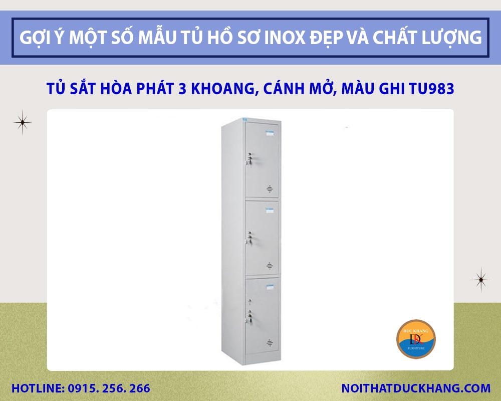 Tủ sắt Hòa Phát 3 khoang, cánh mở, màu ghi TU983