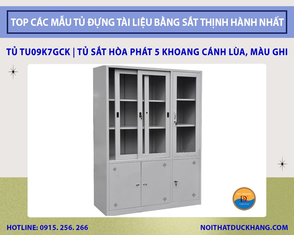 Tủ TU09K7GCK | Tủ sắt Hòa Phát 5 khoang cánh lùa, màu ghi