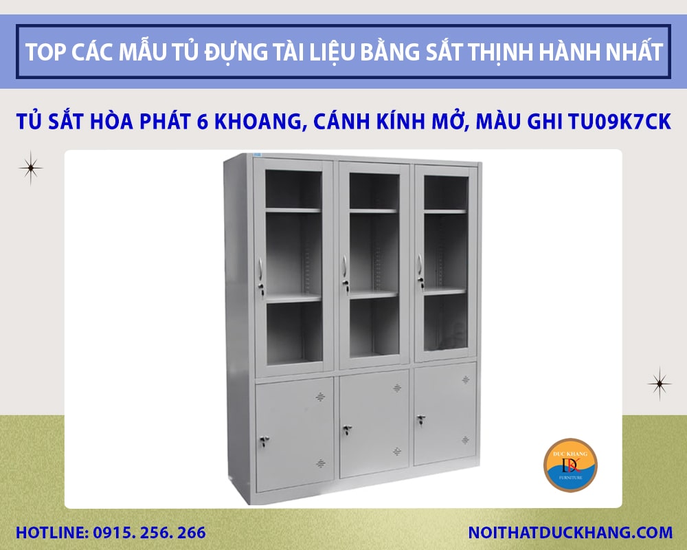Tủ sắt Hòa Phát 6 khoang, cánh kính mở, màu ghi TU09K7CK