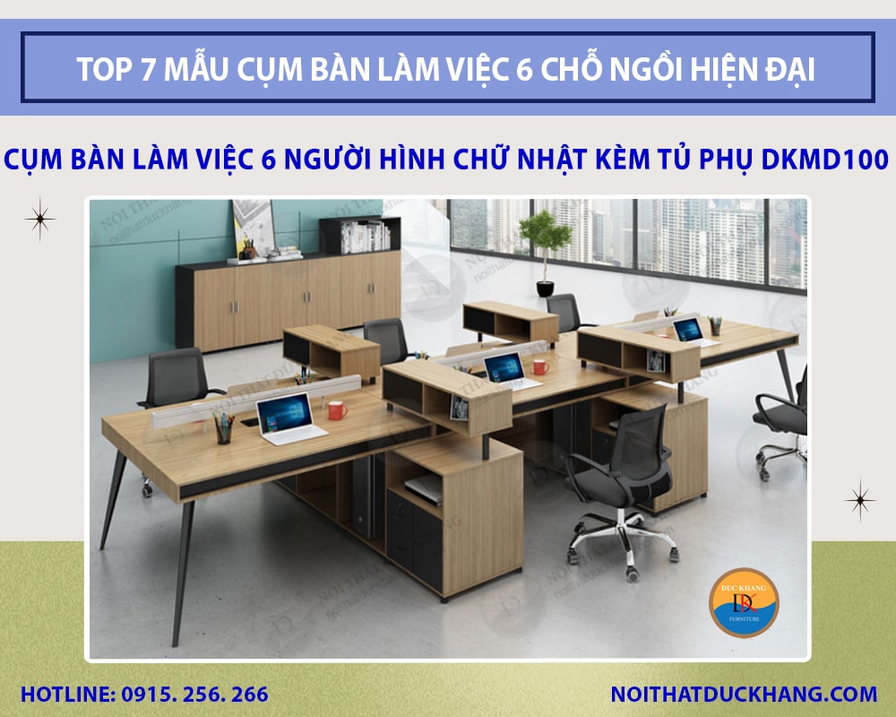 Cụm bàn làm việc 6 người hình chữ nhật kèm tủ phụ DKMD100 Cụm bàn làm việc 6 người hình chữ nhật kèm tủ phụ DKMD100