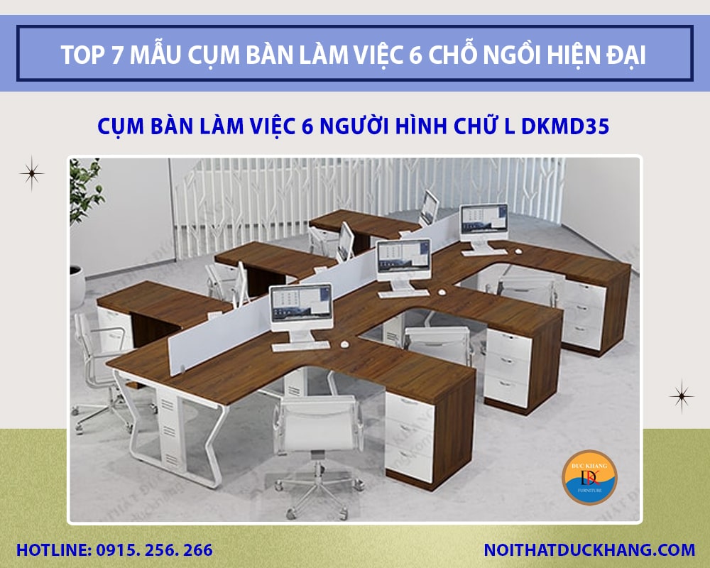 Cụm bàn làm việc 6 người hình chữ L DKMD35 Cụm bàn làm việc 6 người hình chữ L DKMD35
