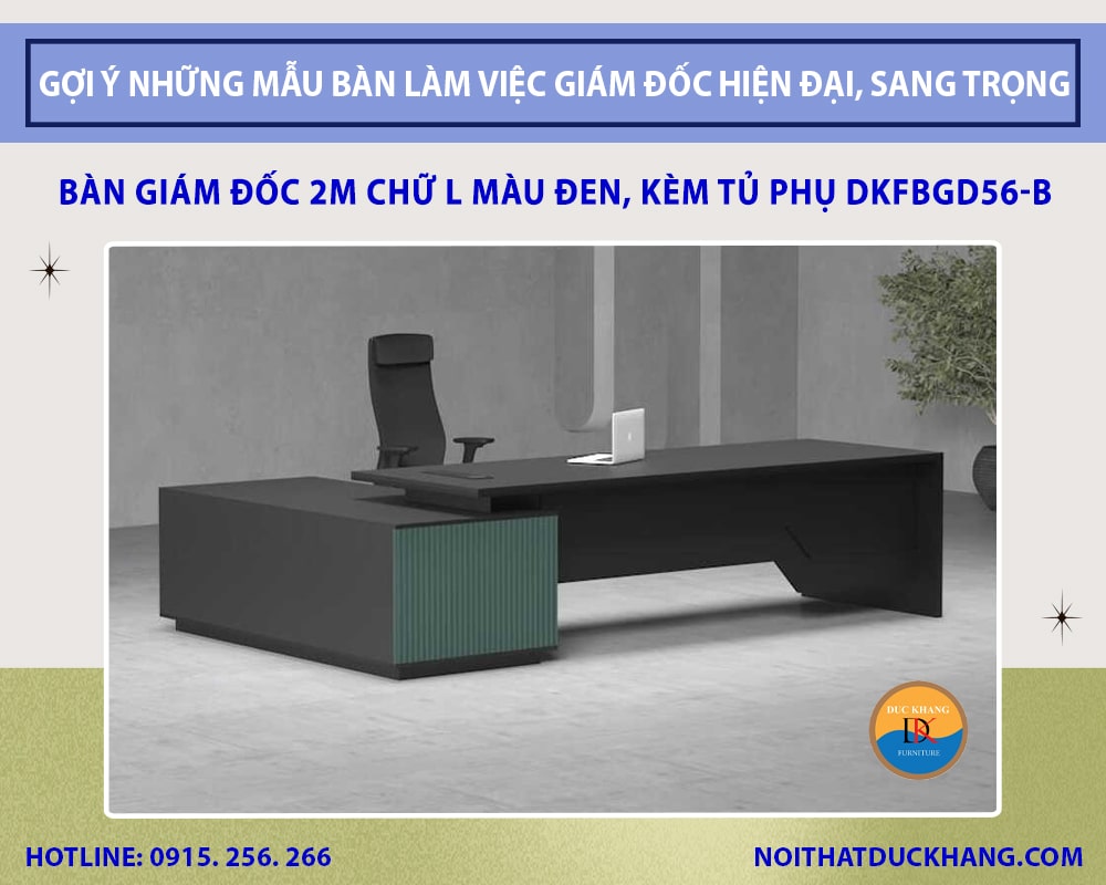 Bàn giám đốc 2m chữ L màu đen, kèm tủ phụ DKFBGD56-B 
