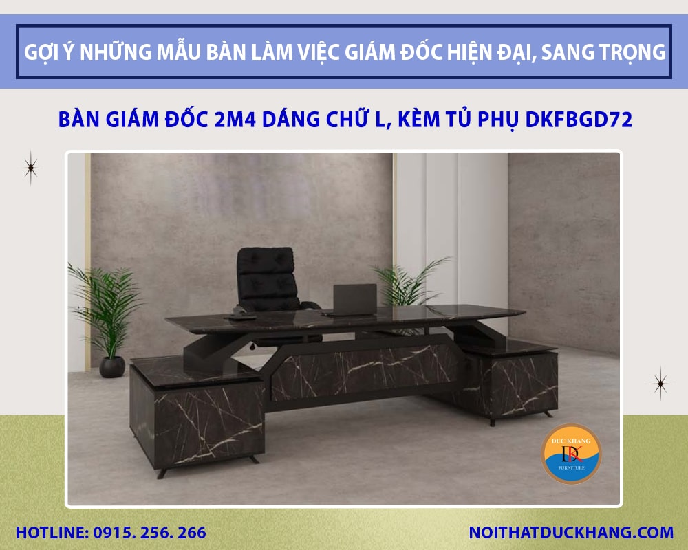 Bàn giám đốc 2m4 dáng chữ L, kèm tủ phụ DKFBGD72 