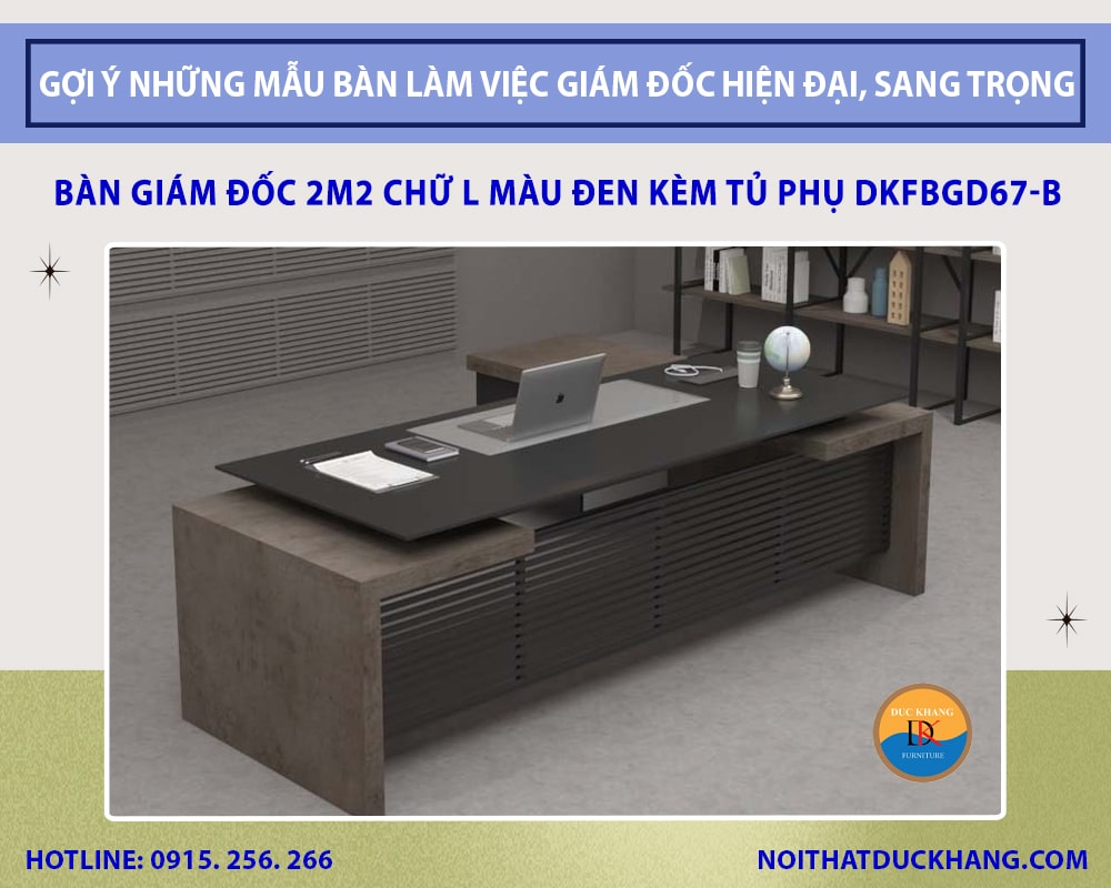 Bàn giám đốc 2m2 chữ L màu đen kèm tủ phụ DKFBGD67-B 