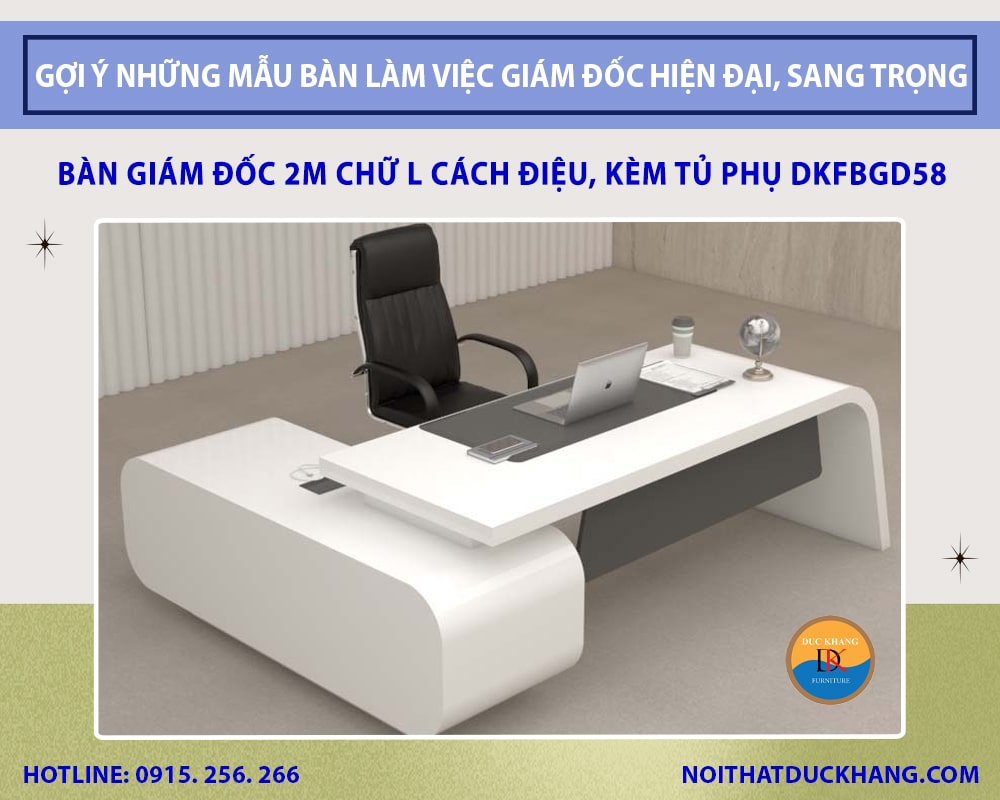Bàn giám đốc 2m chữ L cách điệu, kèm tủ phụ DKFBGD58 