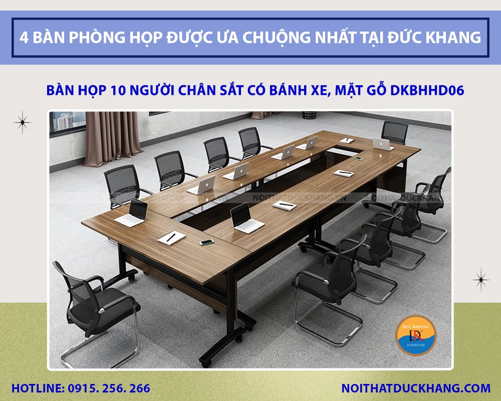 Bàn họp 10 người chân sắt có bánh xe, mặt gỗ DKBHHD06