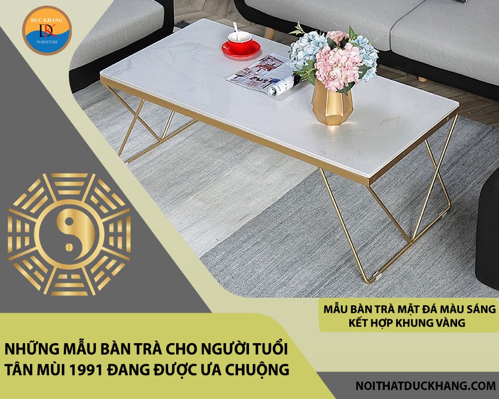 Mẫu bàn trà mặt đá màu sáng kết hợp khung vàng