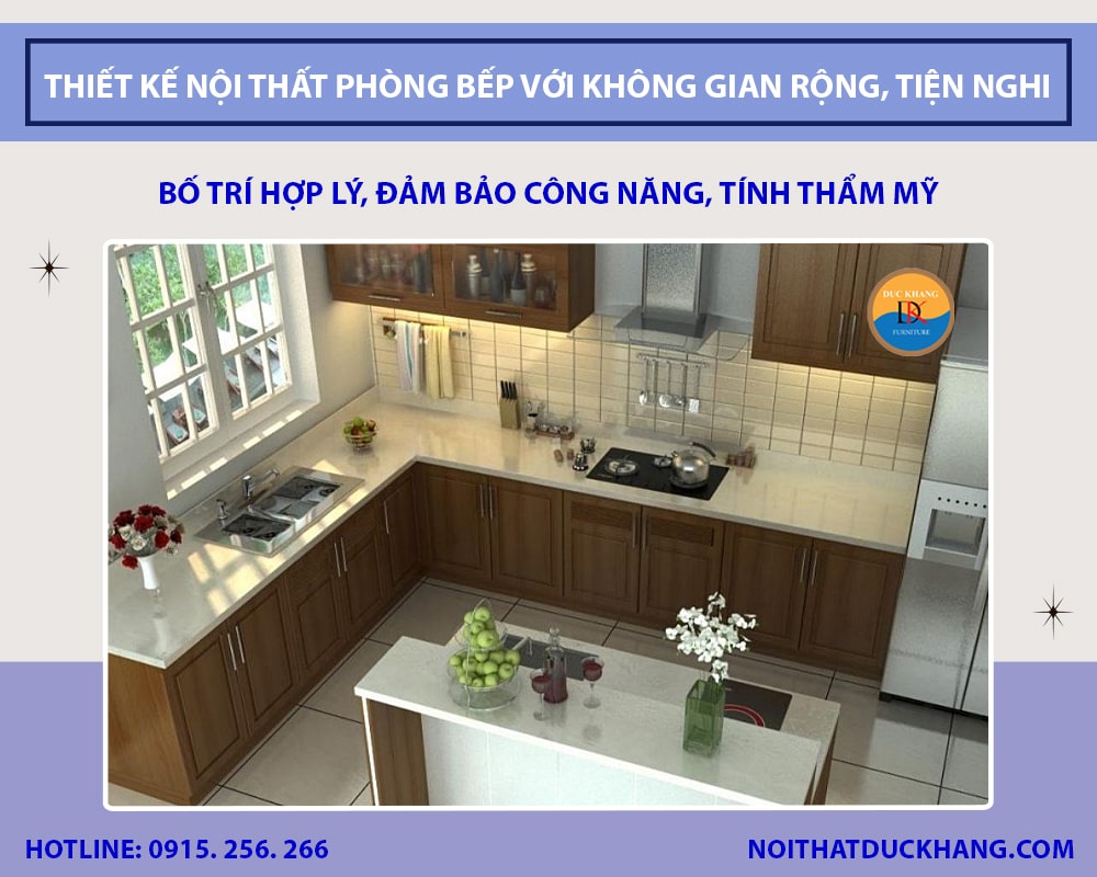 Thiết kế nội thất phòng bếp với không gian rộng, tiện nghi