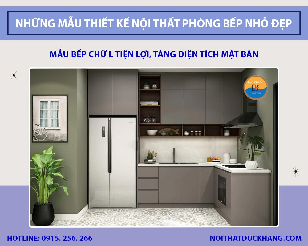 Mẫu bếp chữ L tiện lợi, tăng diện tích mặt bàn