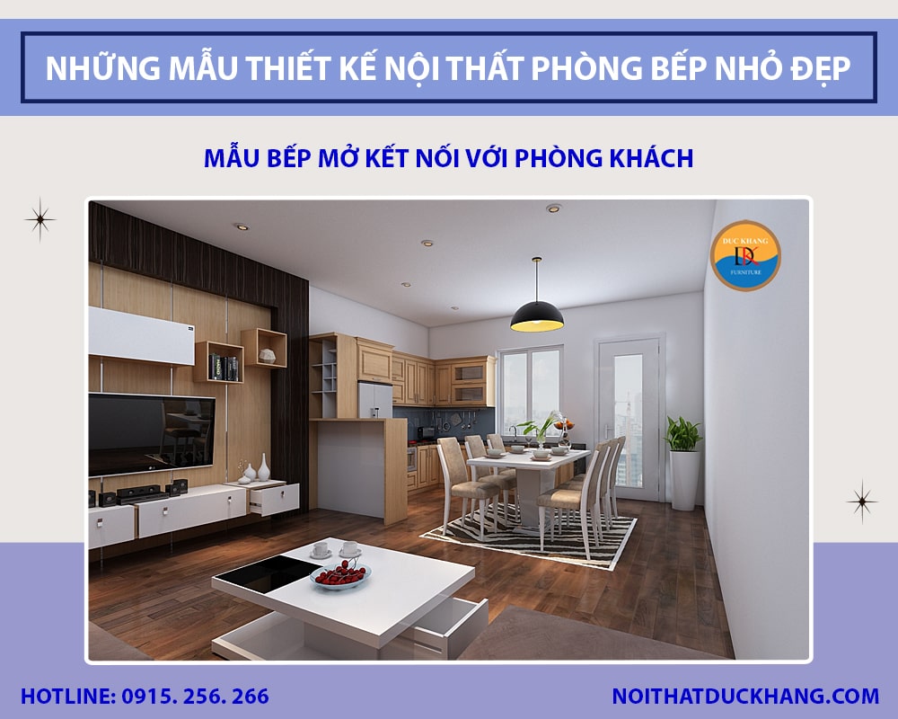 Mẫu bếp mở kết nối với phòng khách