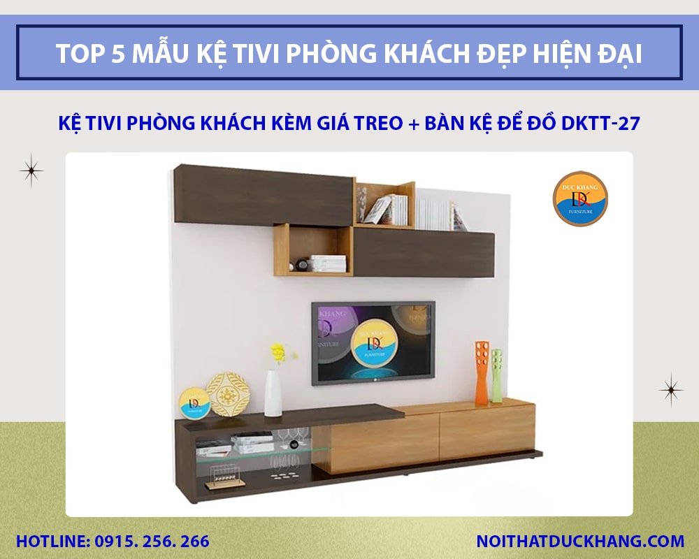 Kệ tivi phòng khách kèm giá treo + bàn kệ để đồ DKTT-27 Kệ tivi phòng khách kèm giá treo + bàn kệ để đồ DKTT-27