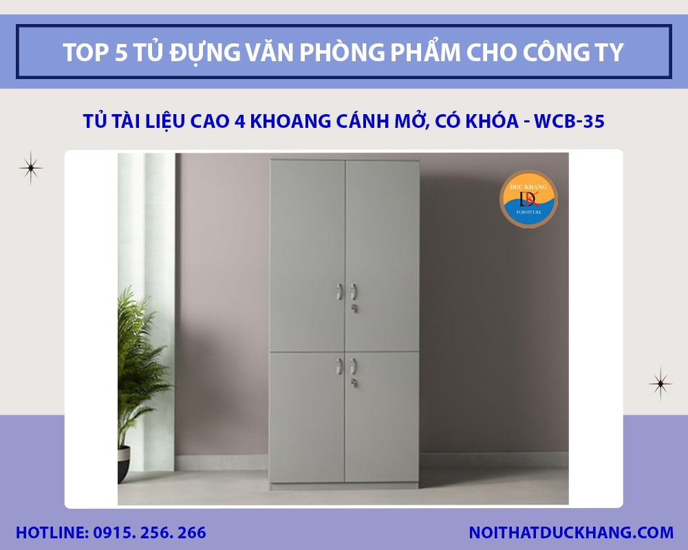 Tủ tài liệu cao DEAN 4 khoang cánh mở, có khóa WCB-35