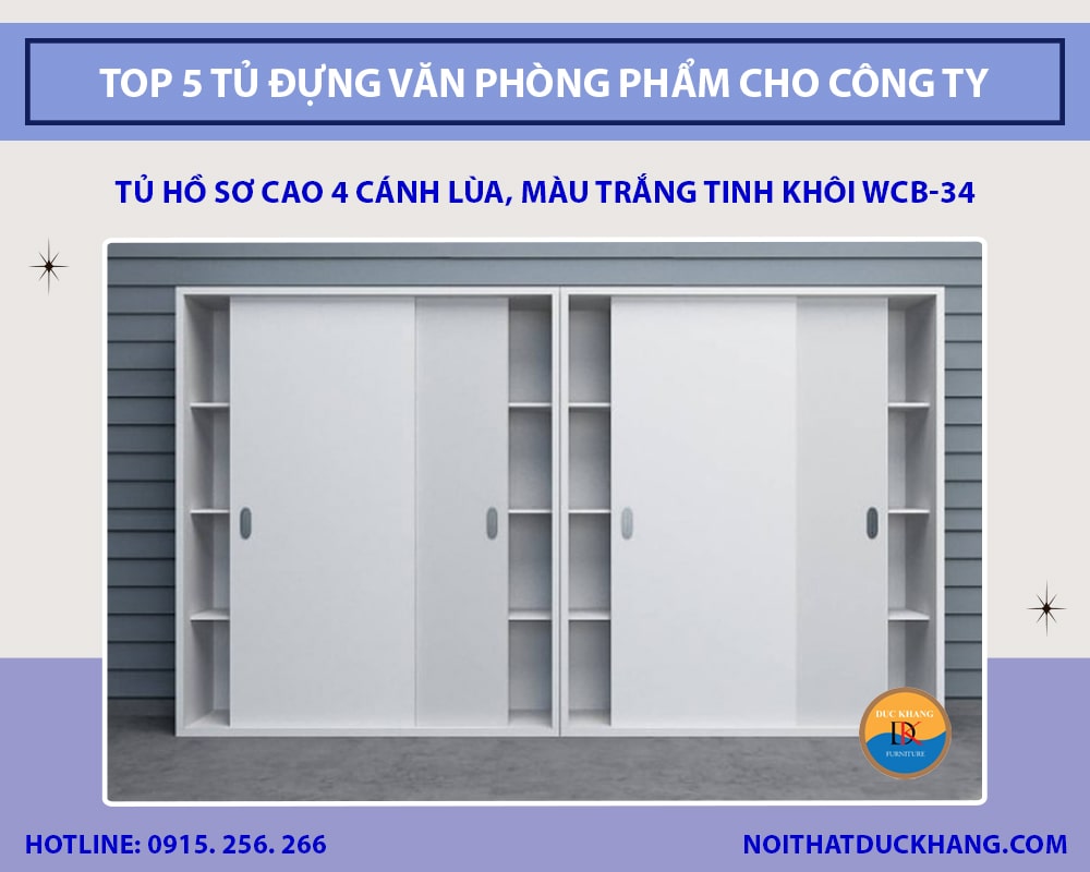 Tủ hồ sơ cao Fay 4 cánh lùa, màu trắng tinh khôi WCB-34