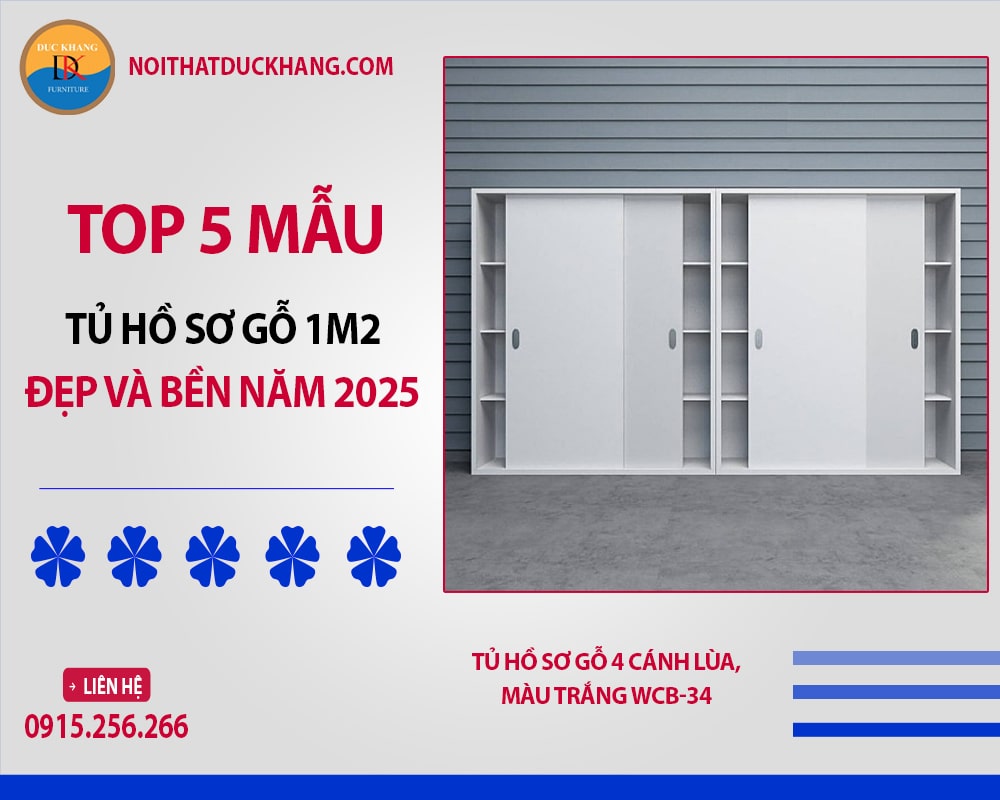 Tủ hồ sơ gỗ 4 cánh lùa, màu trắng WCB-34