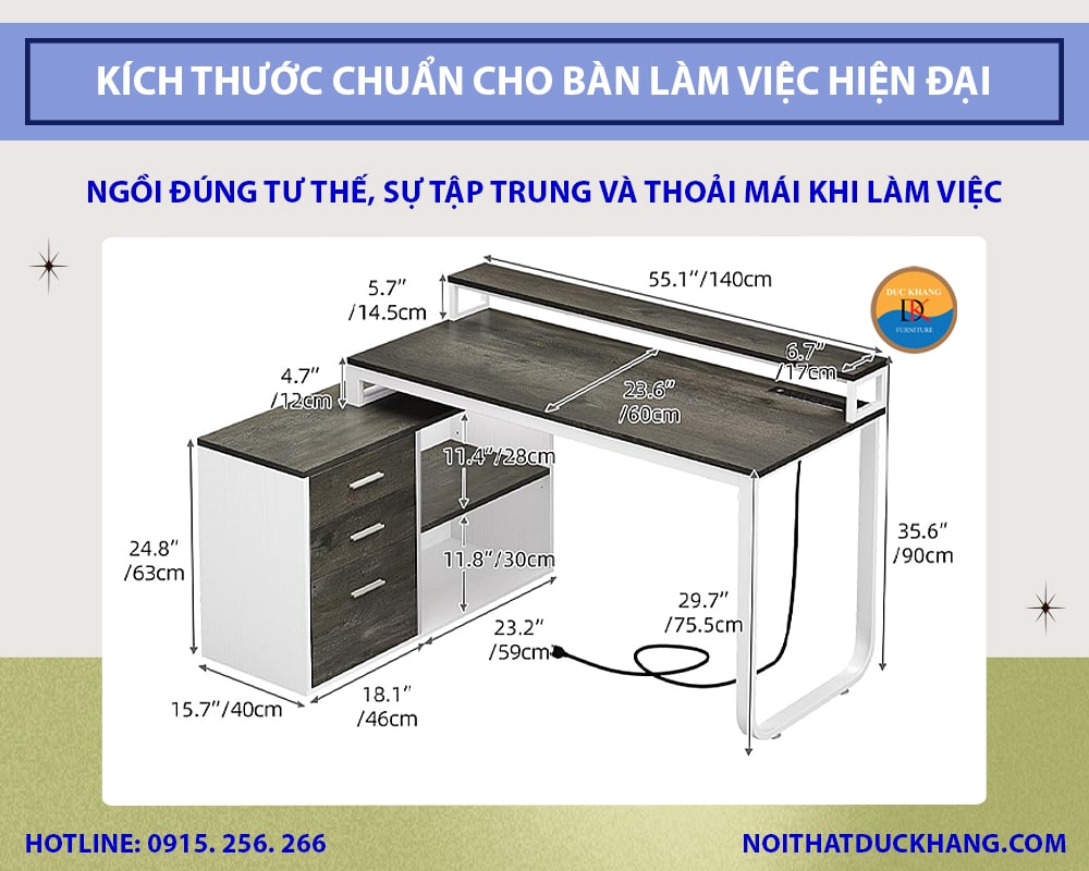 Kích thước chuẩn cho bàn làm việc hiện đại mới nhất 2025 Kích thước chuẩn cho bàn làm việc hiện đại mới nhất 2025