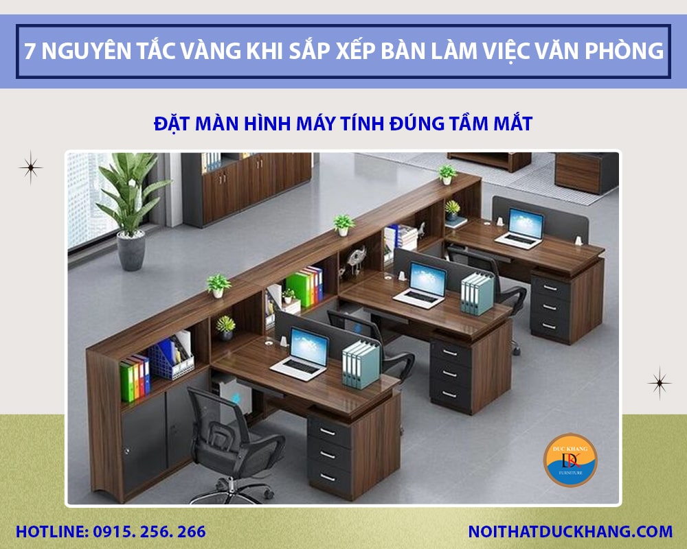 7 Nguyên tắc vàng khi sắp xếp bàn làm việc văn phòng - Đặt màn hình máy tính đúng tầm mắt