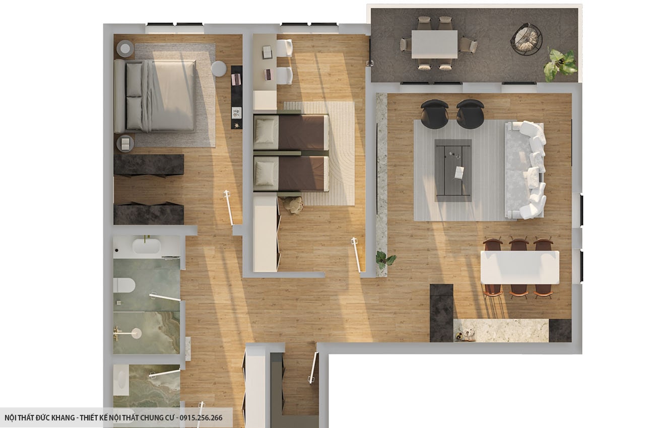 Mẫu 6: Thiết kế nội thất chung cư diện tích 54m2 – 2 phòng ngủ