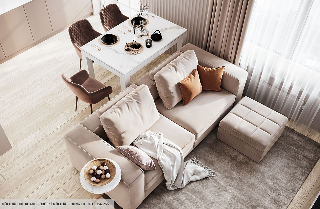 Mẫu 7: Thiết kế nội thất chung cư diện tích 55m2 – 2 phòng ngủ