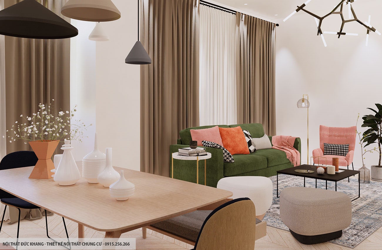 Mẫu 9: Thiết kế nội thất chung cư diện tích 58m2 – 2 phòng ngủ