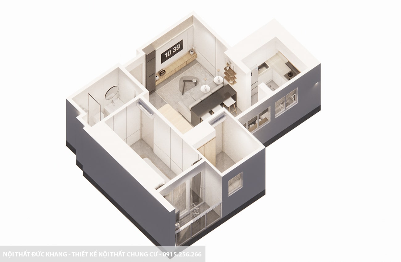 Mẫu 13: Thiết kế nội thất chung cư diện tích 68m2 – 2 phòng ngủ