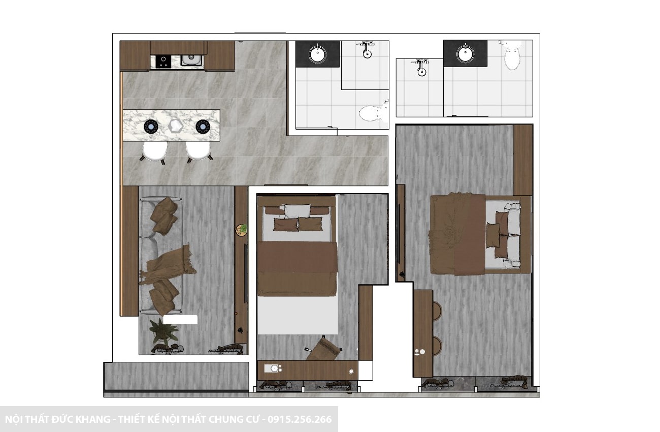 Mẫu 15: Thiết kế nội thất chung cư diện tích 75m2 – 2 phòng ngủ