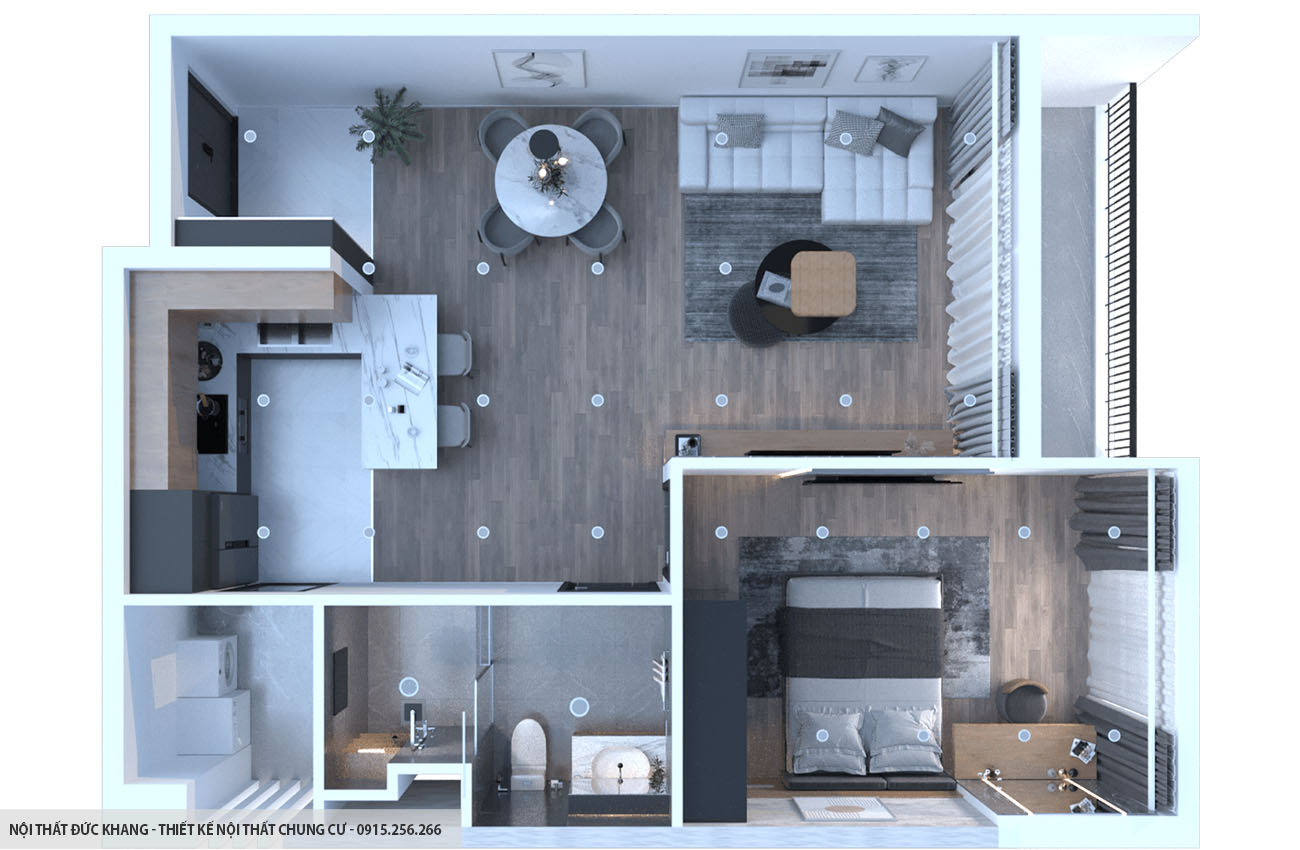 Mẫu 2: Thiết kế nội thất chung cư diện tích 40m2 – 1 phòng ngủ