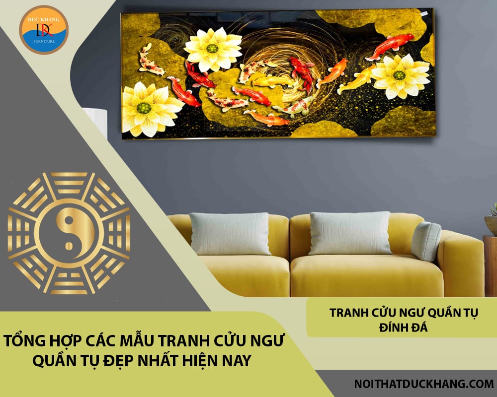 Tranh cửu ngư quần tụ đính đá