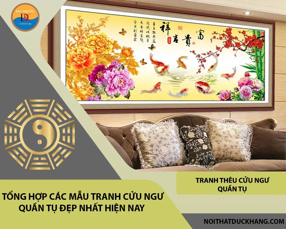 Tranh thêu cửu ngư quần tụ Tranh thêu cửu ngư quần tụ