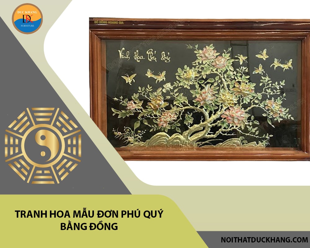 Tranh hoa mẫu đơn phú quý bằng đồng