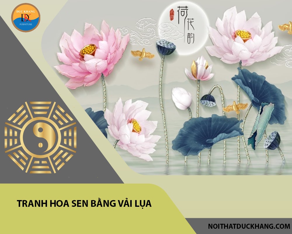 Tranh hoa sen bằng vải lụa