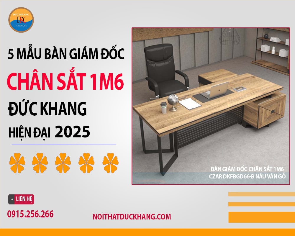 Bàn giám đốc chân sắt 1m6 Czar DKFBGD66-B nâu vân gỗ Bàn giám đốc chân sắt 1m6 Czar DKFBGD66-B nâu vân gỗ