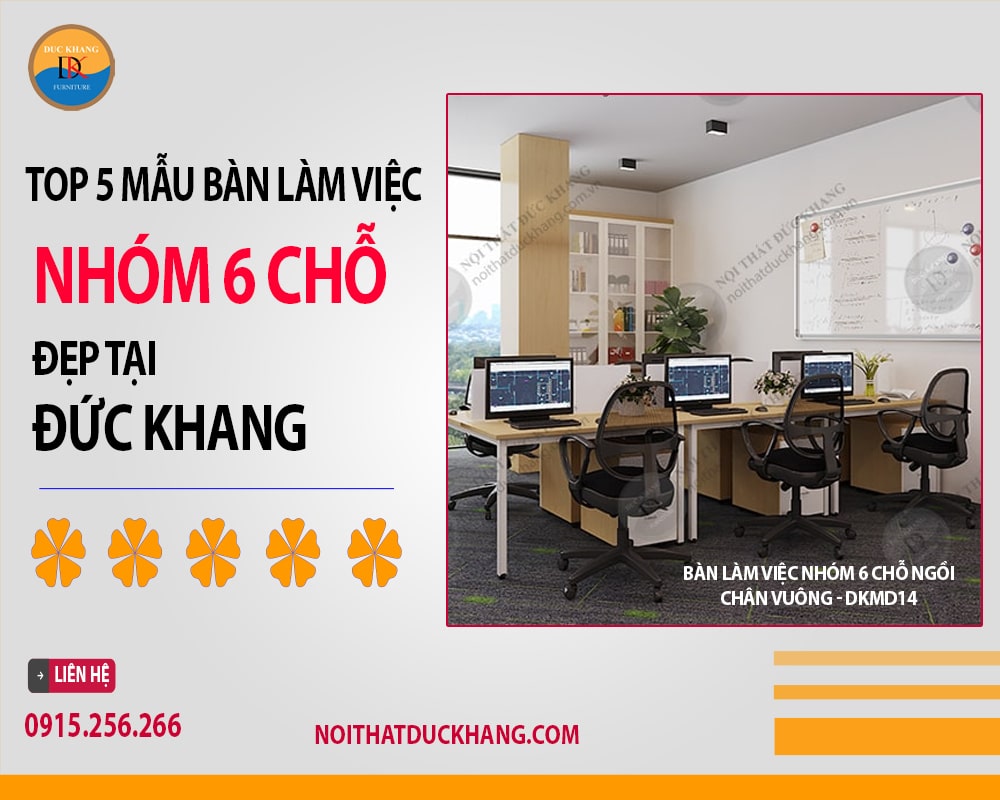 Bàn làm việc nhóm 6 chỗ ngồi chân vuông - DKMD14