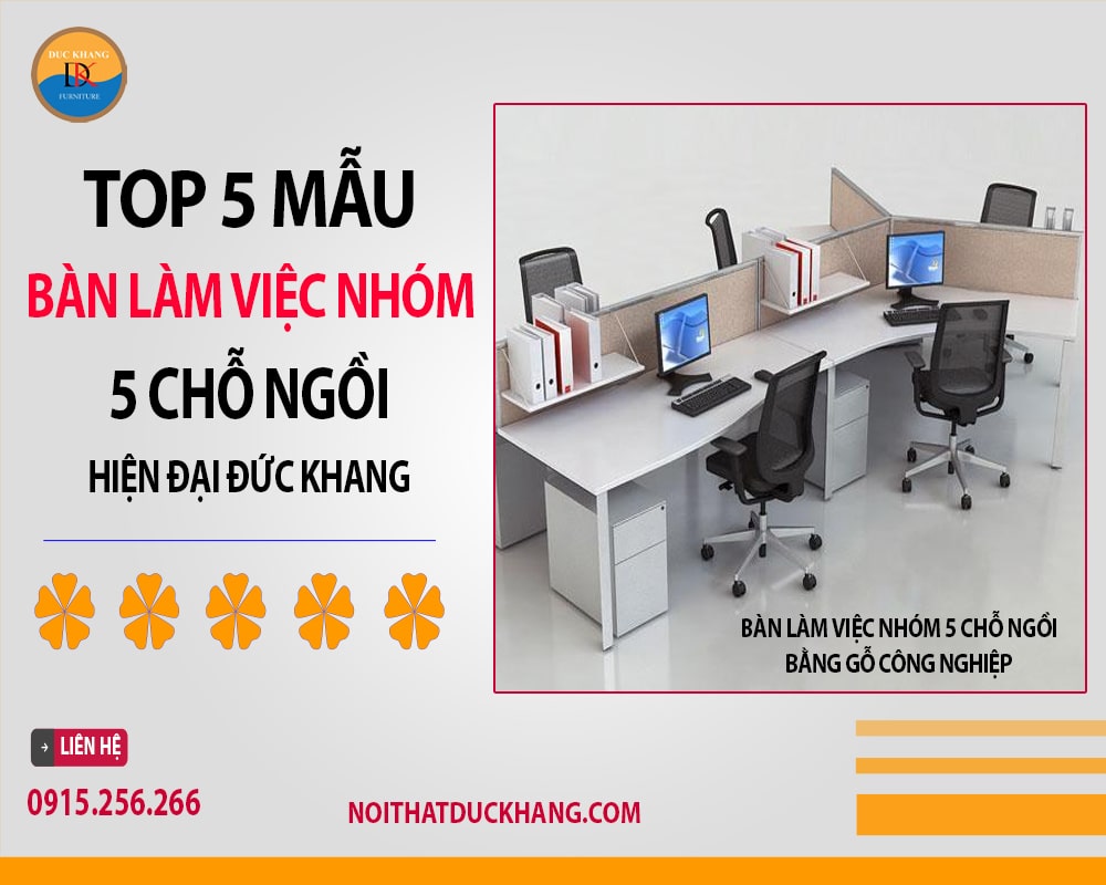 Bàn làm việc nhóm 5 chỗ ngồi bằng gỗ công nghiệp