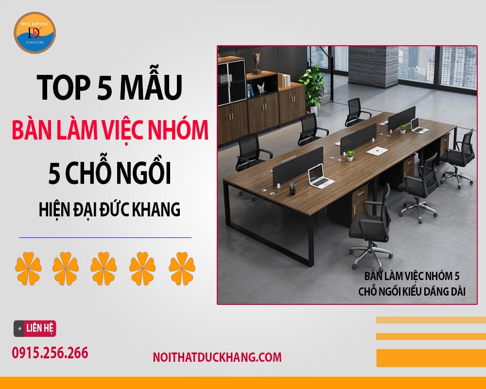 Bàn làm việc nhóm 5 chỗ ngồi kiểu dáng dài