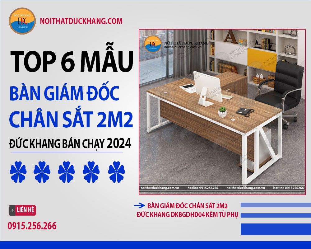 Bàn giám đốc chân sắt 2m2 Đức Khang DKBGDHD04 kèm tủ phụ