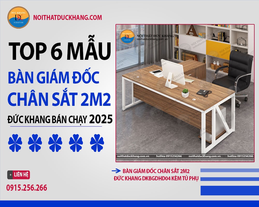 Bàn giám đốc chân sắt 2m2 Đức Khang DKBGDHD04 kèm tủ phụ