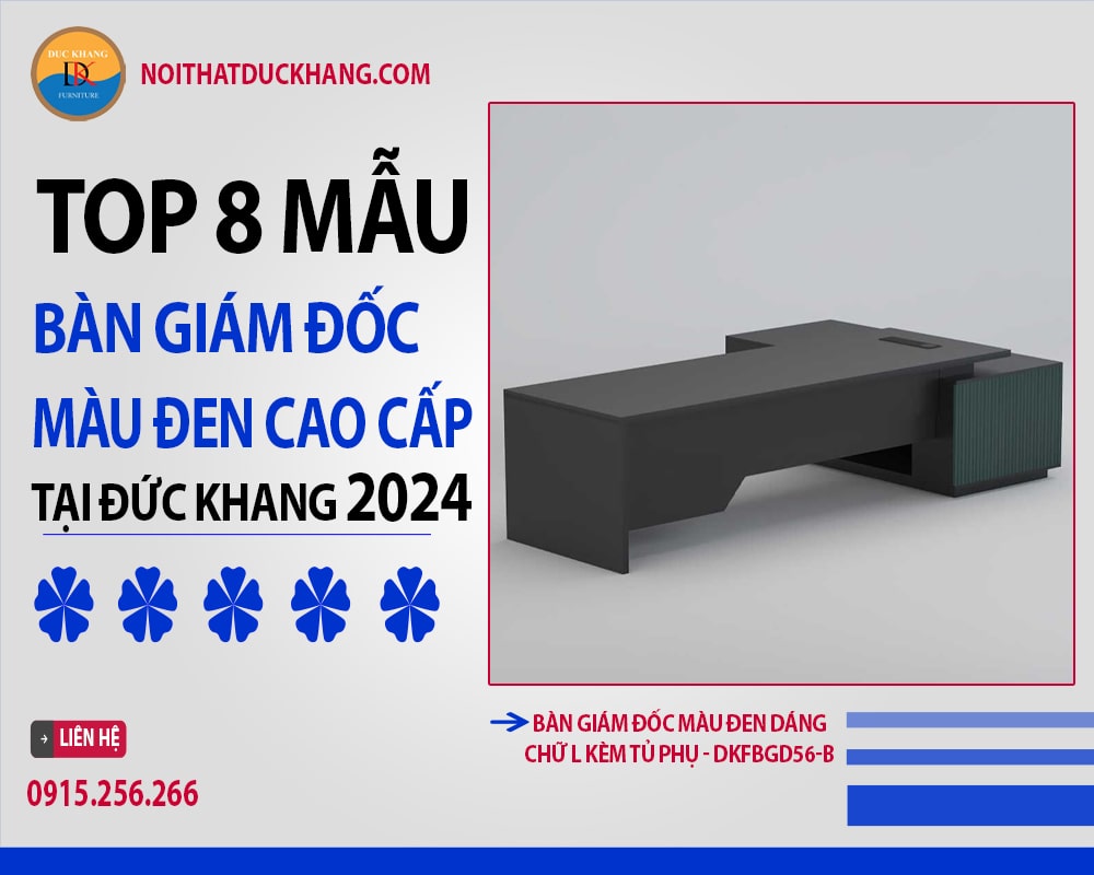 Bàn giám đốc màu đen dáng chữ L kèm tủ phụ - DKFBGD56-B