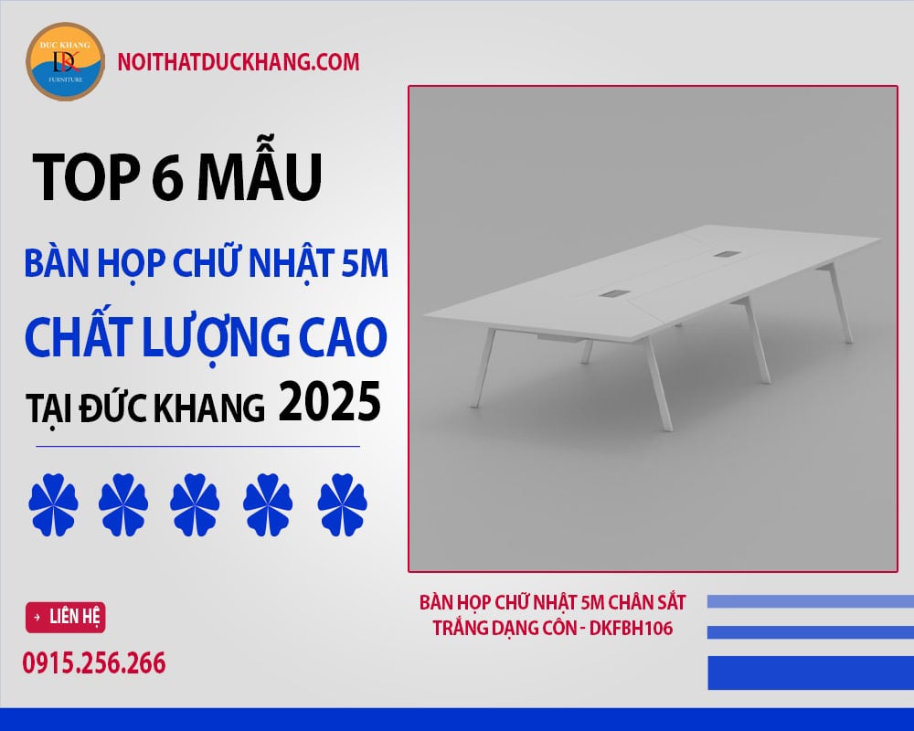 Bàn họp chữ nhật 5m chân sắt trắng dạng côn - DKFBH106