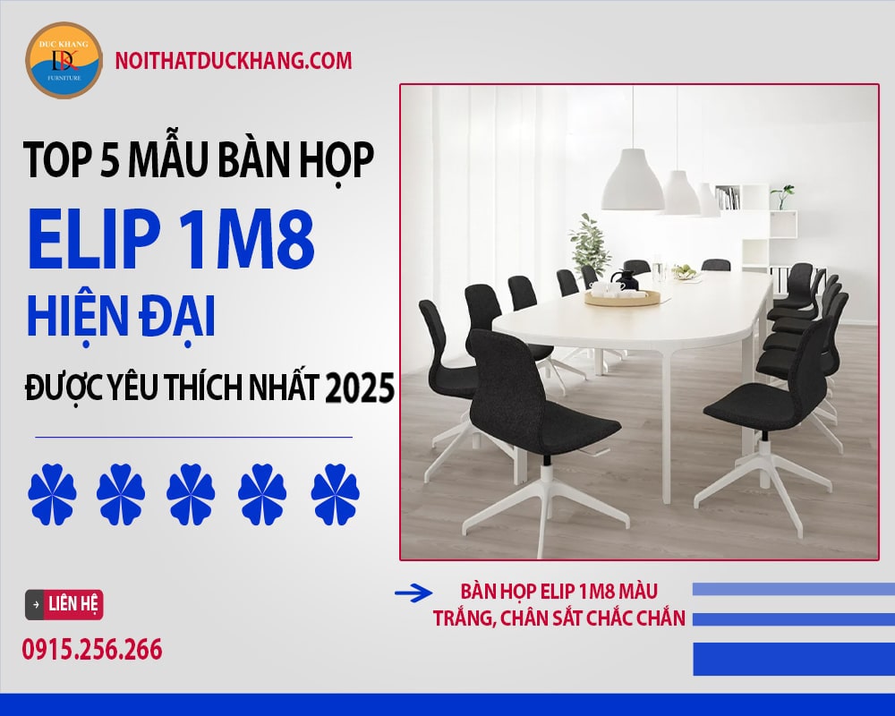 Bàn họp elip 1m8 màu trắng, chân sắt chắc chắn Bàn họp elip 1m8 màu trắng, chân sắt chắc chắn