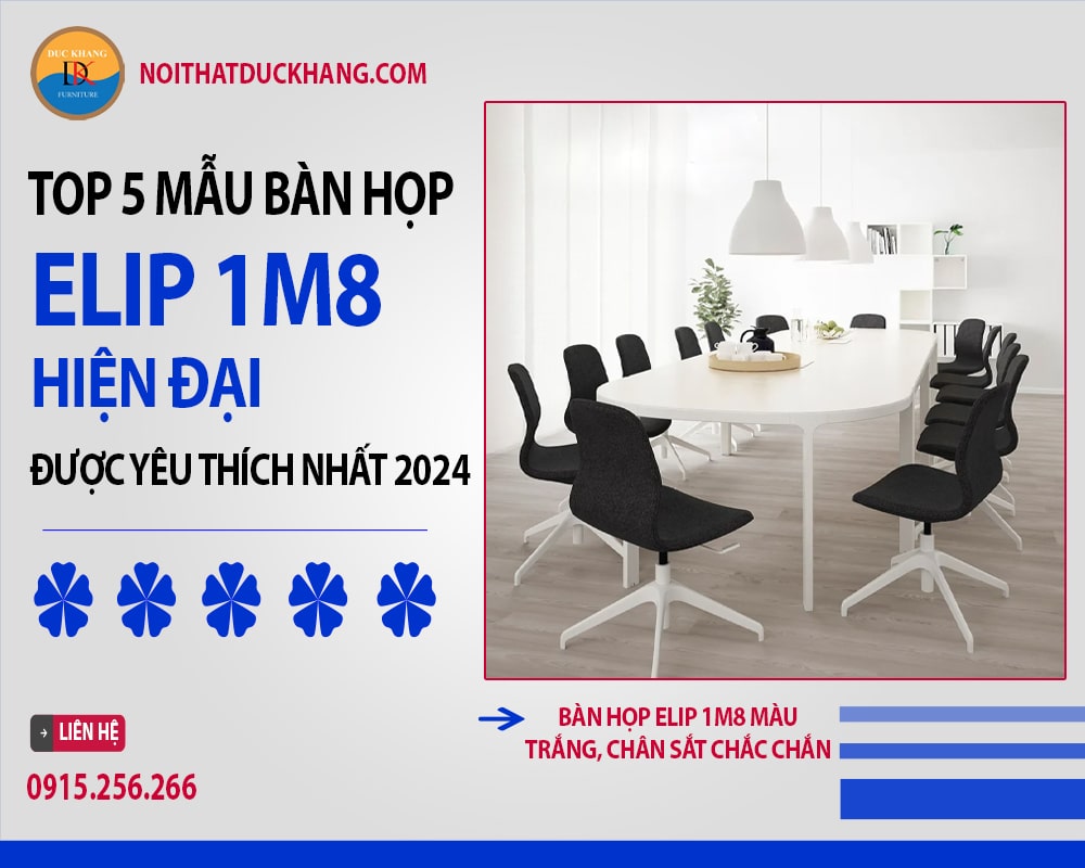 Bàn họp elip 1m8 màu trắng, chân sắt chắc chắn