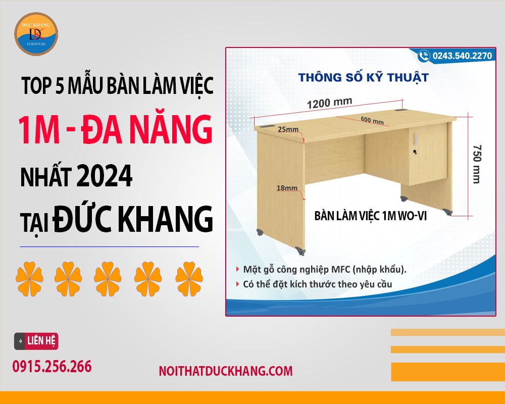 Top 5 mẫu bàn làm việc 1m đa năng nhất 2024 tại Đức Khang