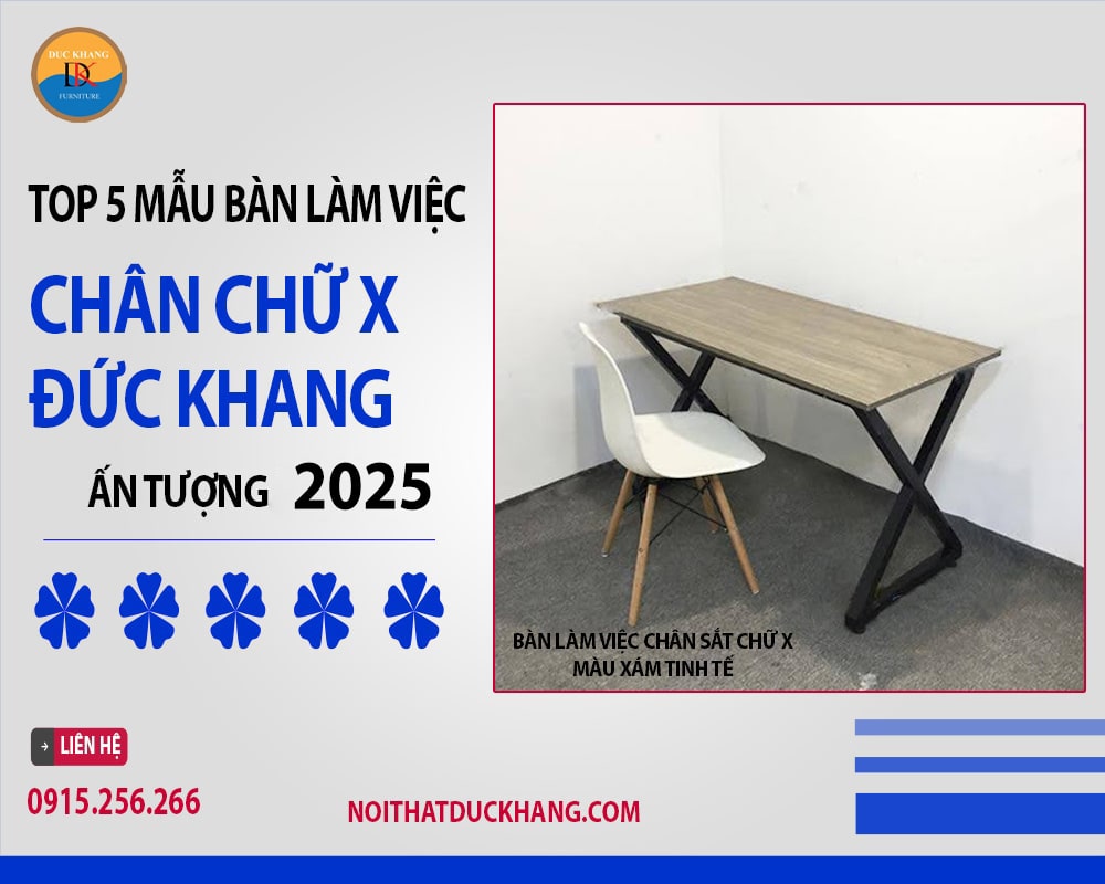 Bàn làm việc chân sắt chữ X màu xám tinh tế Bàn làm việc chân sắt chữ X màu xám tinh tế