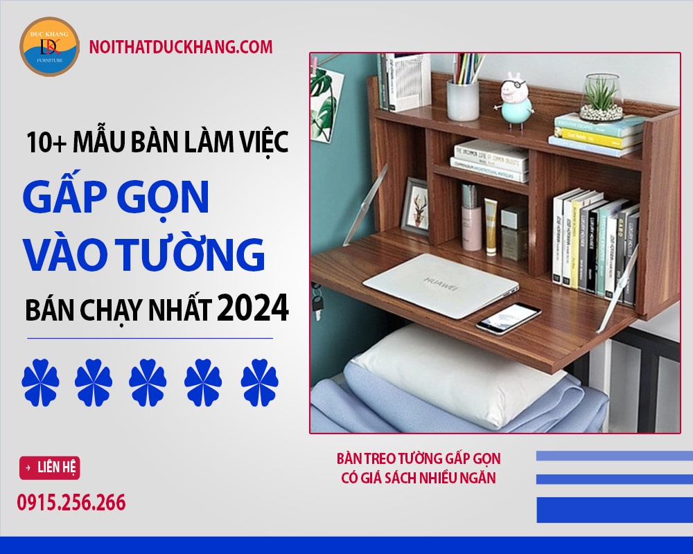 Bàn treo tường gấp gọn có giá sách nhiều ngăn