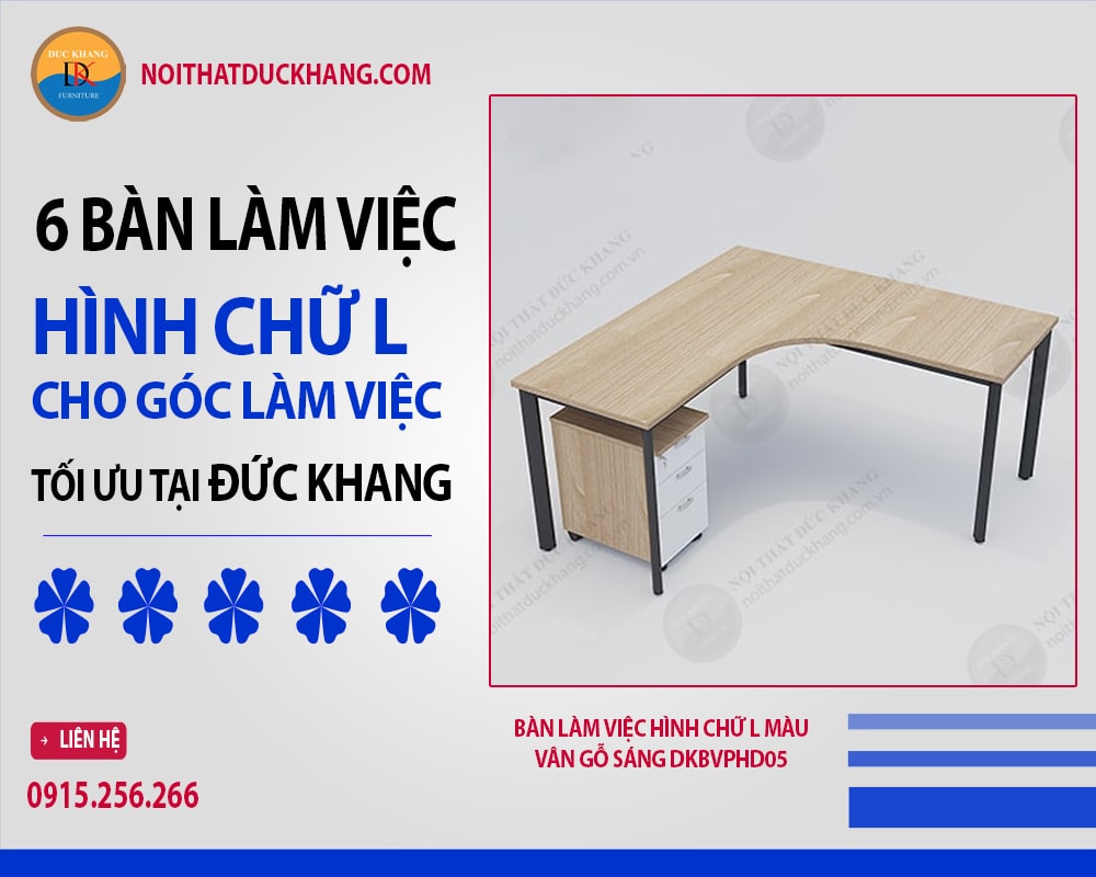 Bàn làm việc hình chữ L màu vân gỗ sáng DKBVPHD05