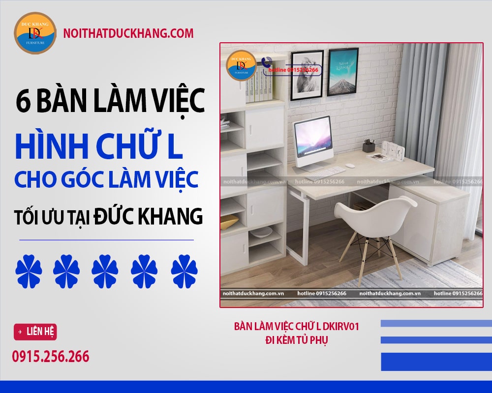 Bàn làm việc chữ L DKIRV01 đi kèm tủ phụ