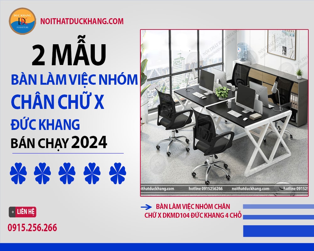 Bàn làm việc nhóm chân chữ X DKMD104 Đức Khang 4 chỗ